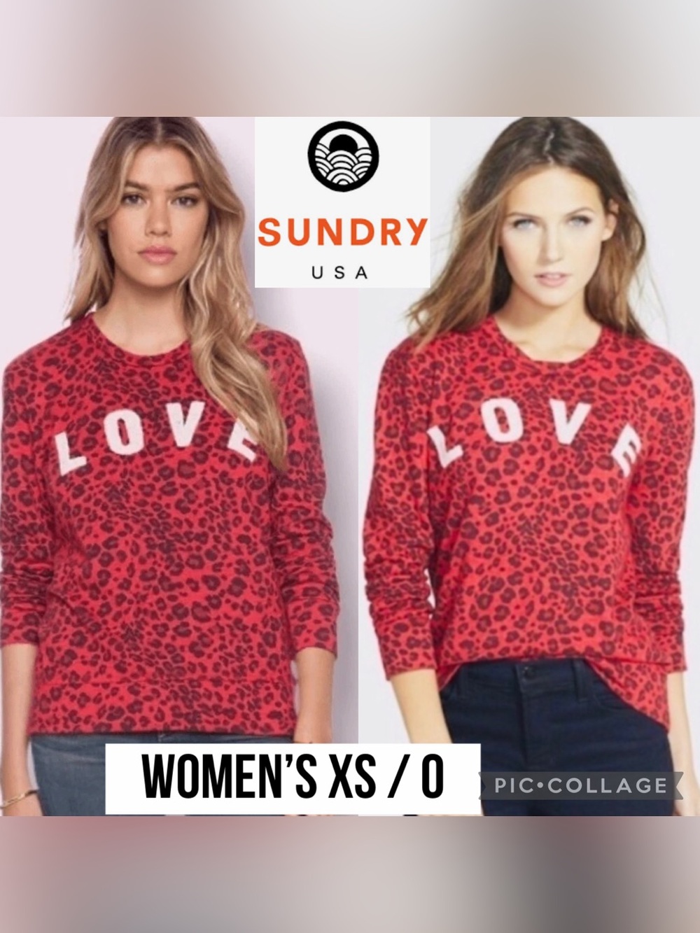 SUNDRY Womens Sweatshirt Red Black Cheetah Print LOVE Pullover Crewneck Size XS